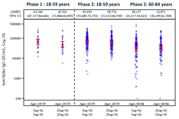 Chart showing anti-spike protein IgG and neutralizing antibodies by age