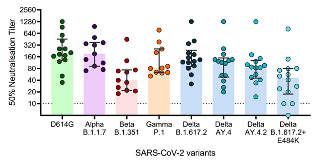 Graph showing SARS-CoV-2 neutralizing antibody titers against variants