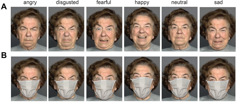 A person showing six different emotions without a mask and wearing a mask.