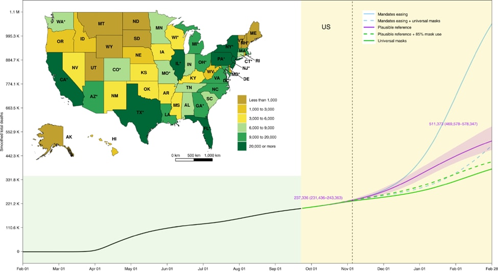 Projected cumulative US COVID-19 Deaths, February 2020 to February 2021. Inset map displays the cumulative deaths by state under the plausible reference scenario on 28 February 2021.