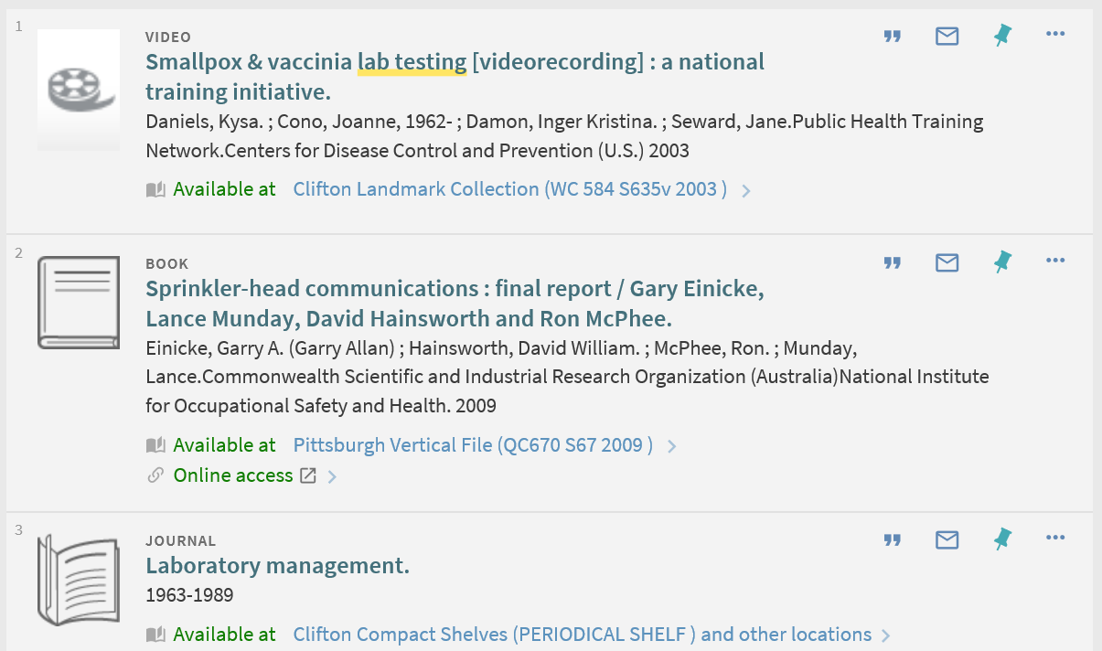 Primo Brief Result page with locations, showing where these particular items found within the CDC collection.