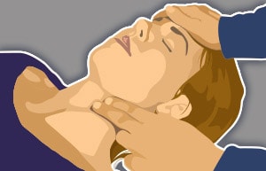 Person checking an unconscious person's pulse by placing two fingers on their carotid artery in the neck.