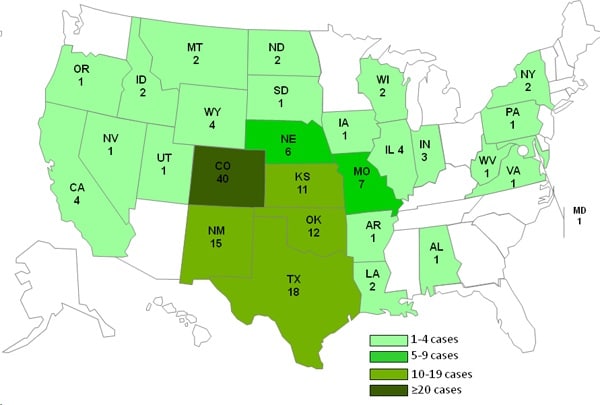 082712map map showing persons infected with the outbreak strain of Listeria monocytogenes, by state