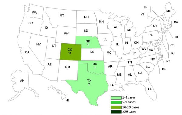 Date of 9-12-2011 chart and map showing persons infected with the outbreak strain of Listeria monocytogenes, by state