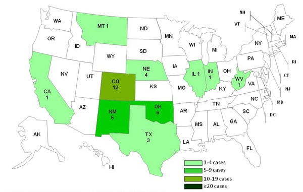 Date of 9-19-2011 chart and map showing persons infected with the outbreak strain of Listeria monocytogenes, by state