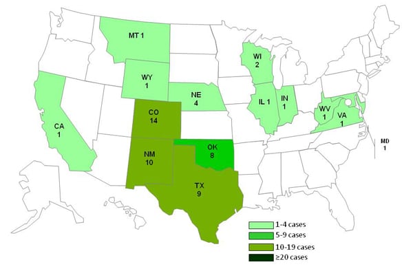 Date of 9-21-2011 chart and map showing persons infected with the outbreak strain of Listeria monocytogenes, by state