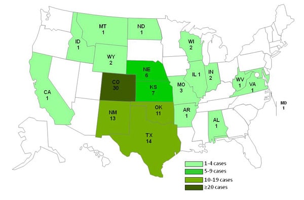 Date 10-3-2011 chart and map showing persons infected with the outbreak strain of Listeria monocytogenes, by state