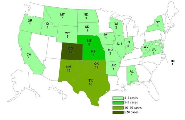 Date 10-07-2011 chart and map showing persons infected with the outbreak strain of Listeria monocytogenes, by state