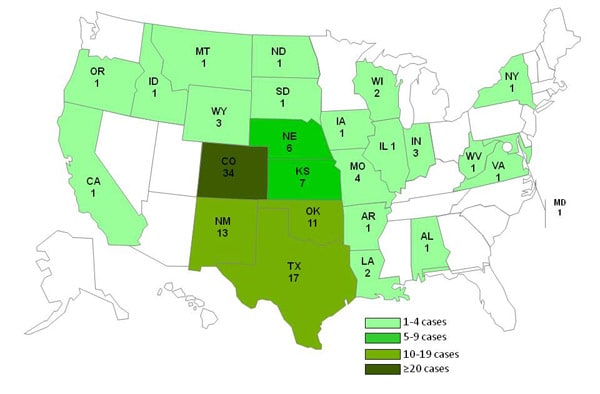 Date of 10-12-2011 chart and map showing persons infected with the outbreak strain of Listeria monocytogenes, by state