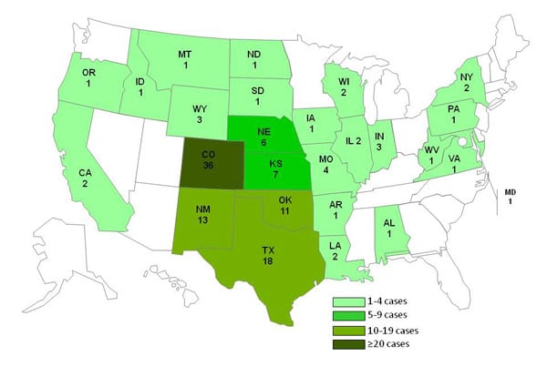 Date of 10-18-2011 chart and map showing persons infected with the outbreak strain of Listeria monocytogenes, by state
