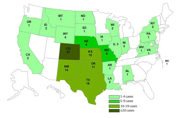 Date 10-25-2011 chart and map showing persons infected with the outbreak strain of Listeria monocytogenes, by state