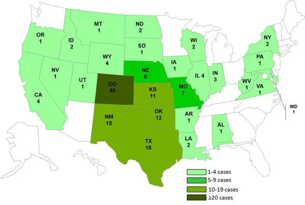 120811 map showing persons infected with the outbreak strain of Listeria monocytogenes, by state