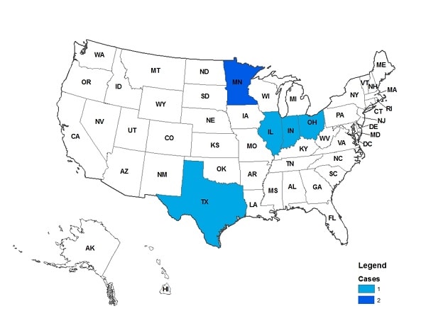 Persons infected with the outbreak-associated strain of Listeria monocytogenes, by state as of August 22, 2013