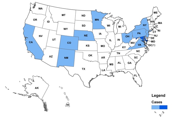 Persons infected with the outbreak-associated strain of Listeria monocytogenes, by state as of September 11, 2012