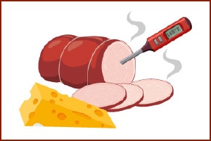 Illustration of meat with a thermometer in it and some cheese.