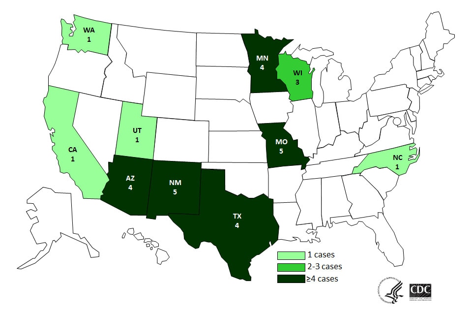 Map of persons infected with the outbreak strains of Listeria monocytogenes, by state of residence, as of December 22, 2014 (n=29)
