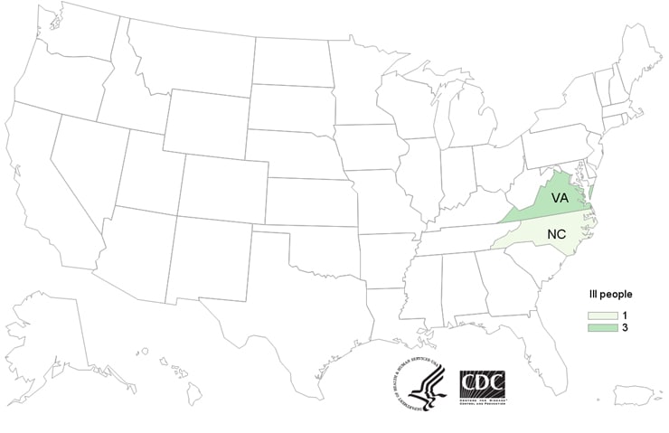 Map of United States - People infected with the outbreak strain of Listeria, by state of residence, as of December 17, 2018