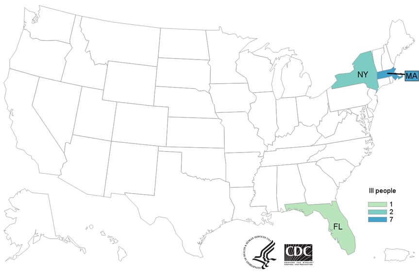 Map of United States - People infected with the outbreak strain of Listeria, by state of residence, as of October 22, 2020.