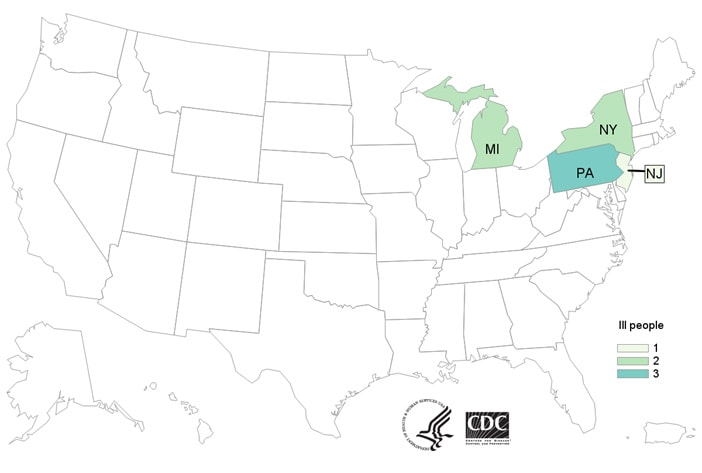 Map of United States - People infected with the outbreak strain of Listeria, by state of residence, as of April 15, 2019.