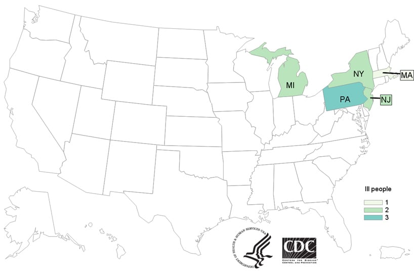 Map of United States - People infected with the outbreak strain of Listeria, by state of residence, as of September 25, 2019.