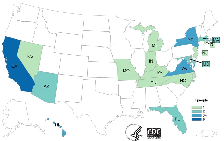 Map of United States - People infected with the outbreak strain of Listeria, by state of residence, as of March 26, 2020.