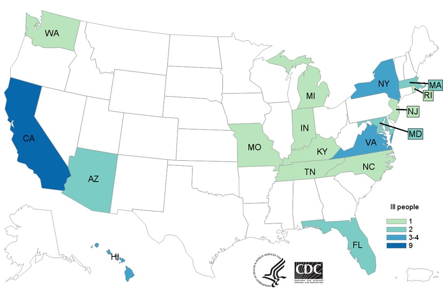 Map of United States - People infected with the outbreak strain of Listeria, by state of residence, as of April 16, 2020.