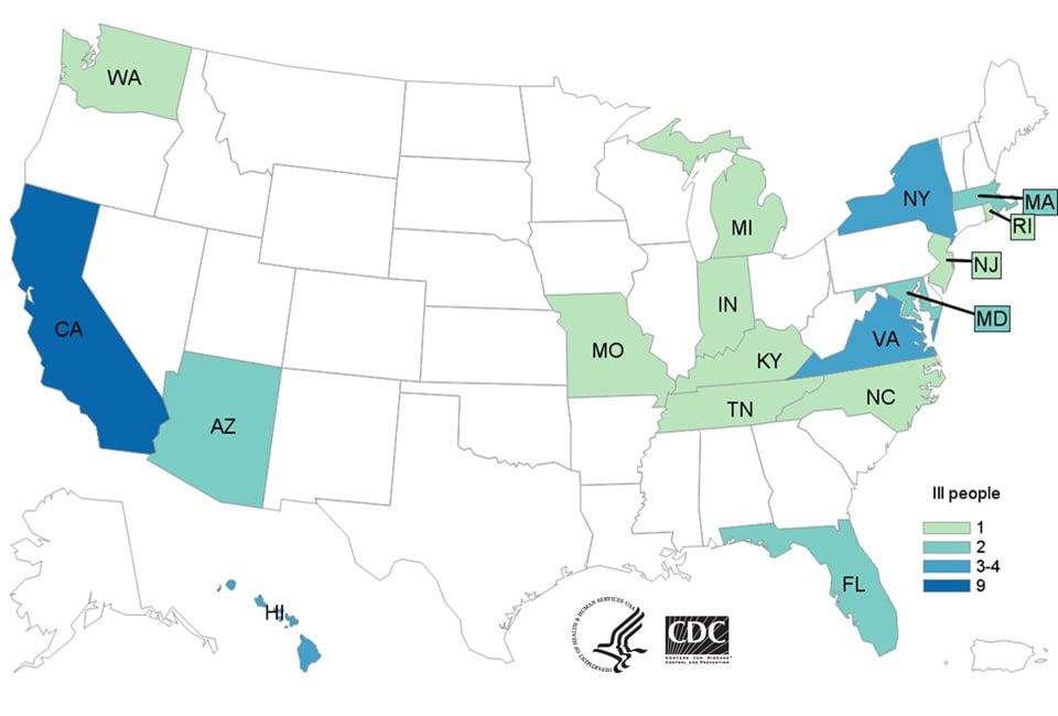 Map of United States - People infected with the outbreak strain of Listeria, by state of residence, as of June 9, 2020.