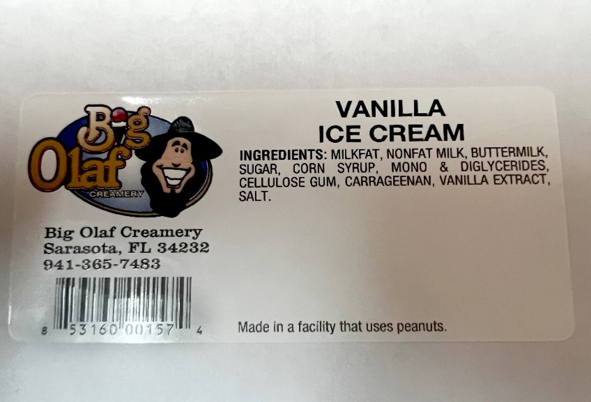 Product label for Big Olaf Creamery ice cream