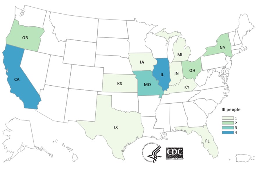 Map of United States - People infected with the outbreak strain of Listeria, by state of residence, as of November 7, 2019.