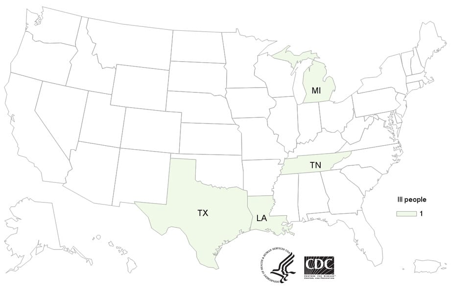Map of United States - People infected with the outbreak strain of Listeria, by state of residence, as of January 29, 2019