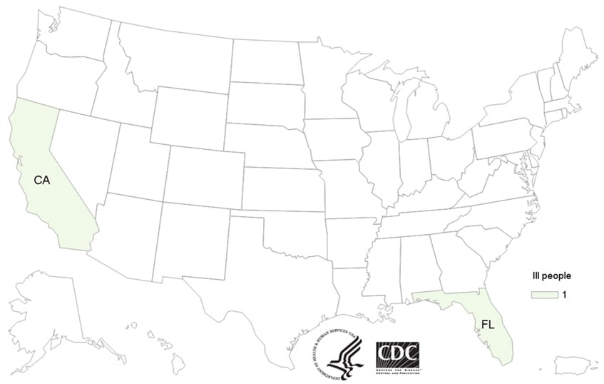 Map of persons infected with the outbreak strain of Listeria monocytogenes, by state of residence, as of March 15, 2016 (n=2) 
