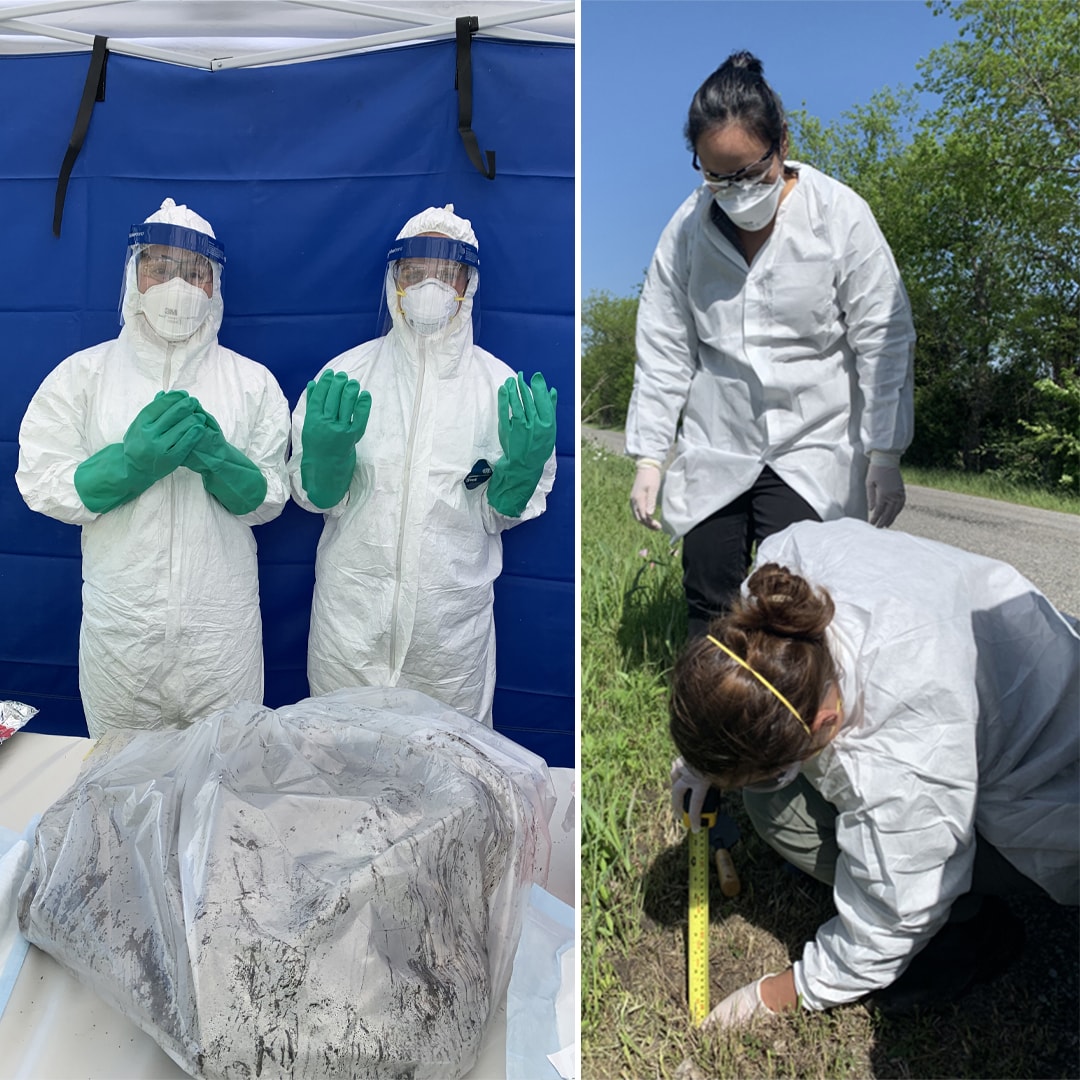 Women in white lab coat, surgical gloves and masks in field taking soil samples. LLS fellows in full PPE at field site.