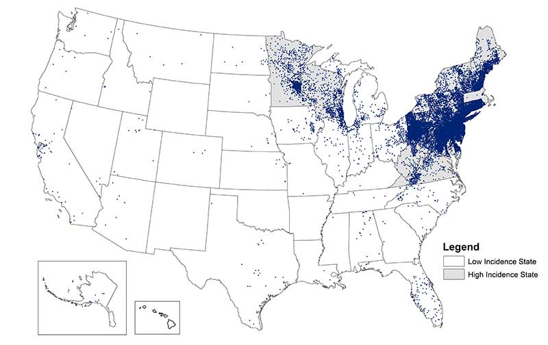 Map of the United States showing reported cases of lyme disease.  The cases are concentrated in the north east quarter of the country.