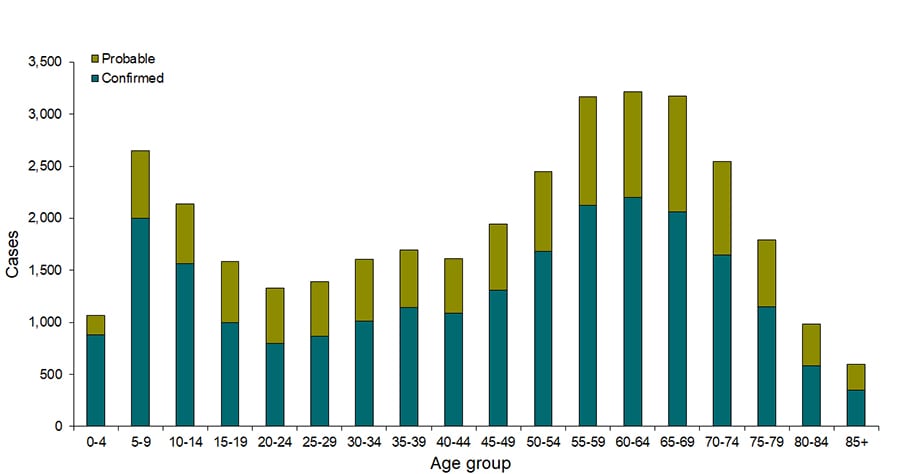 Lyme disease—reported cases by age group, United States, 2019