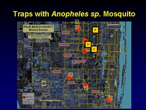 Map of Palm Beach County with location of 8 mosquito traps, of which 3 were positive for Anopheles