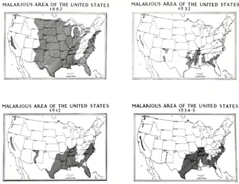 Distribution of malaria in the US, 1882-1935