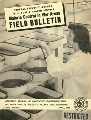 Cover (black and white) of 1945 booklet showing a laboratory technician handling mosquito larvae