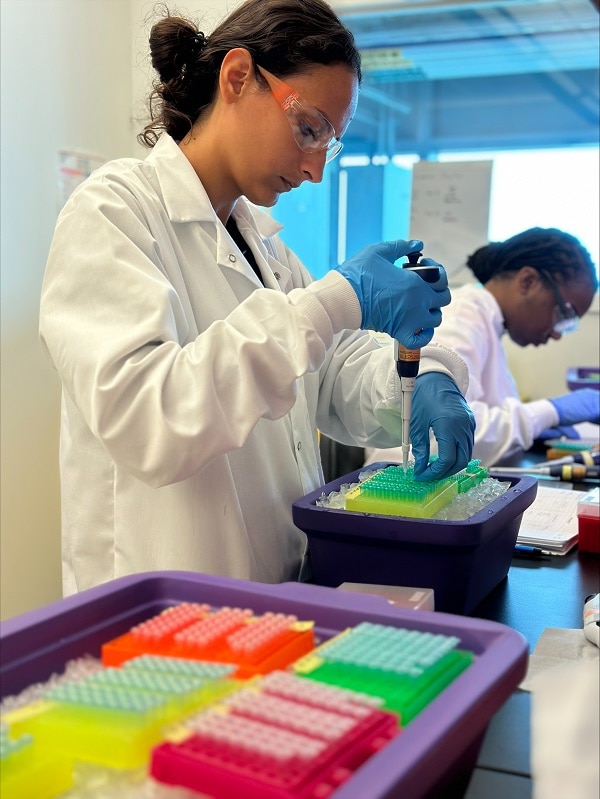 Gloria Raise, currently a senior at New Jersey Institute of Technology, works in the lab and pipets during the PHEFA internship.