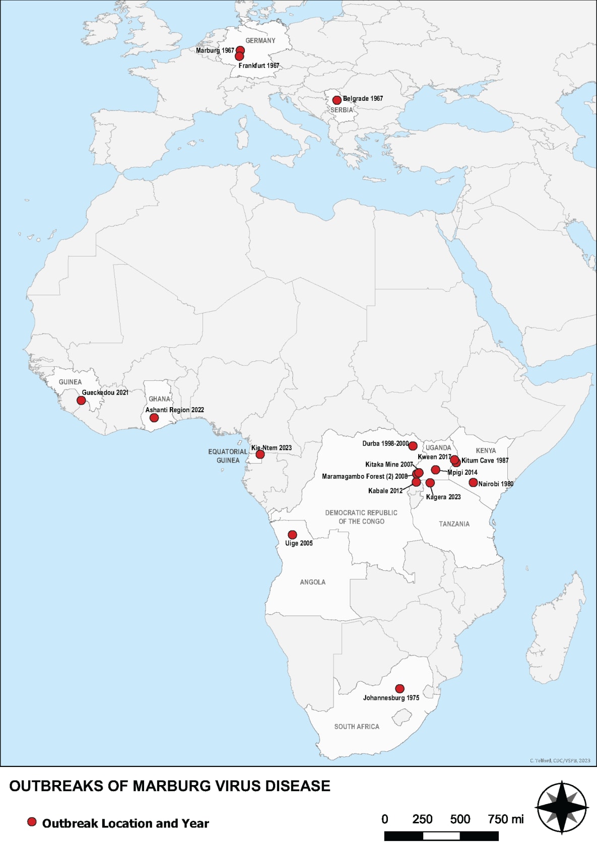 A map showing Marburg disease outbreaks