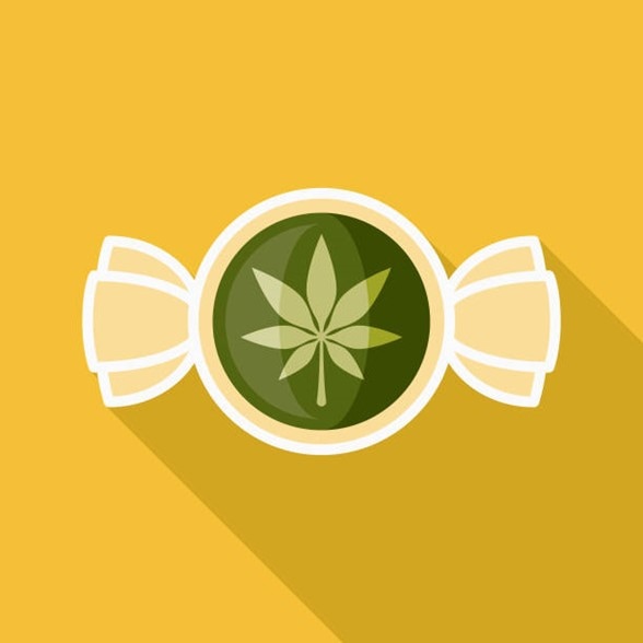 illustration of a piece of candy with a cannabis leaf icon on top