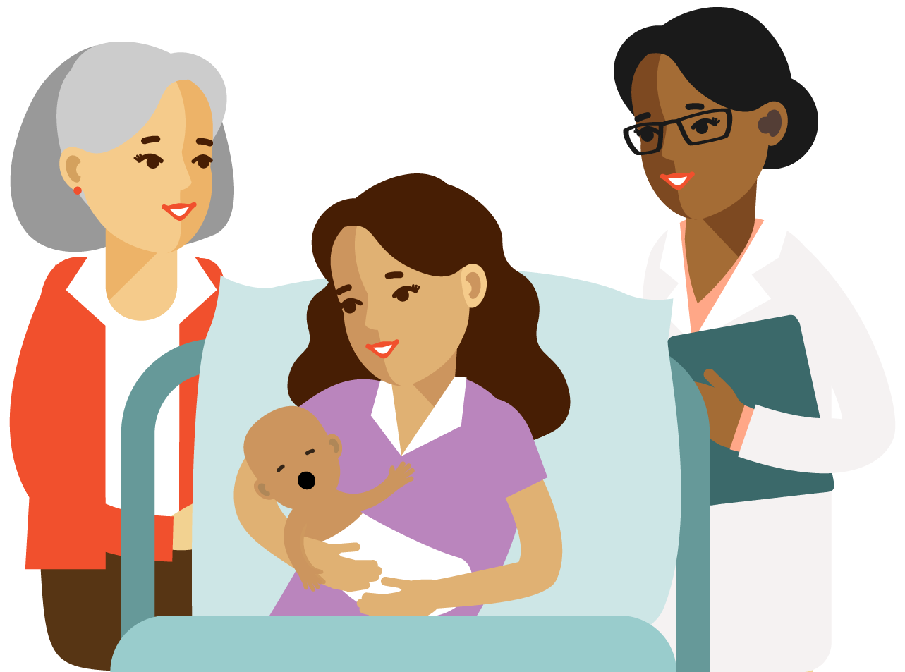 Woman holding a baby surrounded by two health professionals.