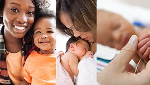 woman holding a baby, a pregnant woman and a health care provider, another woman holding an infant, and a premature infant