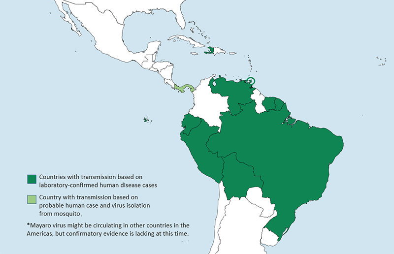 Map of Latin America showing countries with Mayaro virus transmission. See table below for data.
