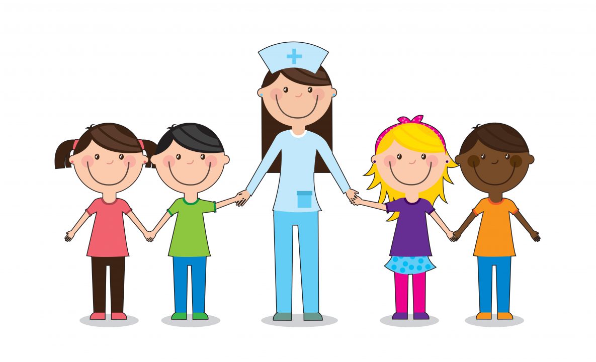 El Proyecto de vigilancia activa en la escuela que muestra a una enfermera ilustrada sosteniendo las manos de cuatro niños.