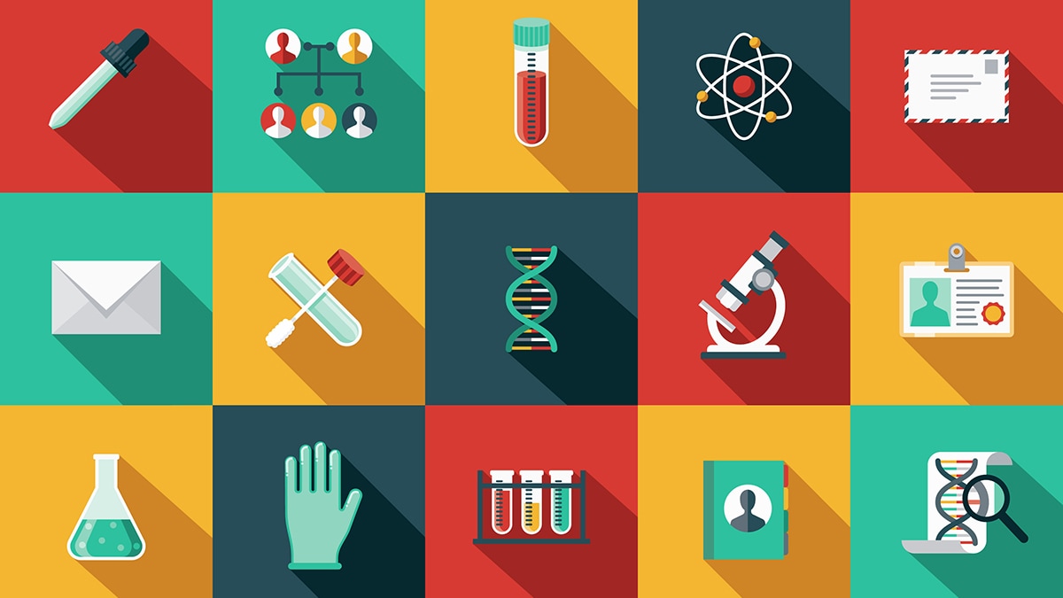 Genetic Testing Icon Set - stock illustration. A flat design styled icon set with a long side shadow.