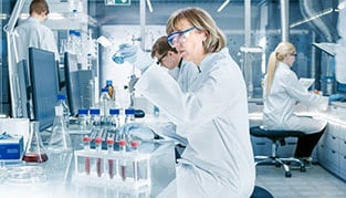 Laboratory setting with clinicians working