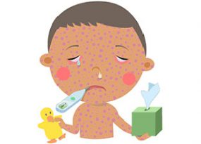 Ilustración de un niño con sarampión que tiene una caja de pañuelos desechables y un patito de juguete en las manos.