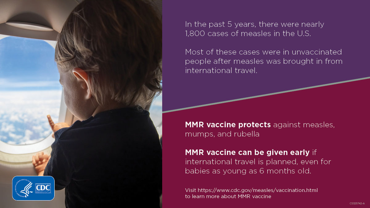 This infographic reminds people that MMR vaccine can be given early if international travel is planned,