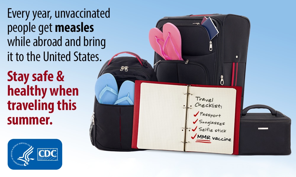 A backpack, a suitcase, a toiletry bag, and an agenda with a travel checklist that includes the MMR vaccine.