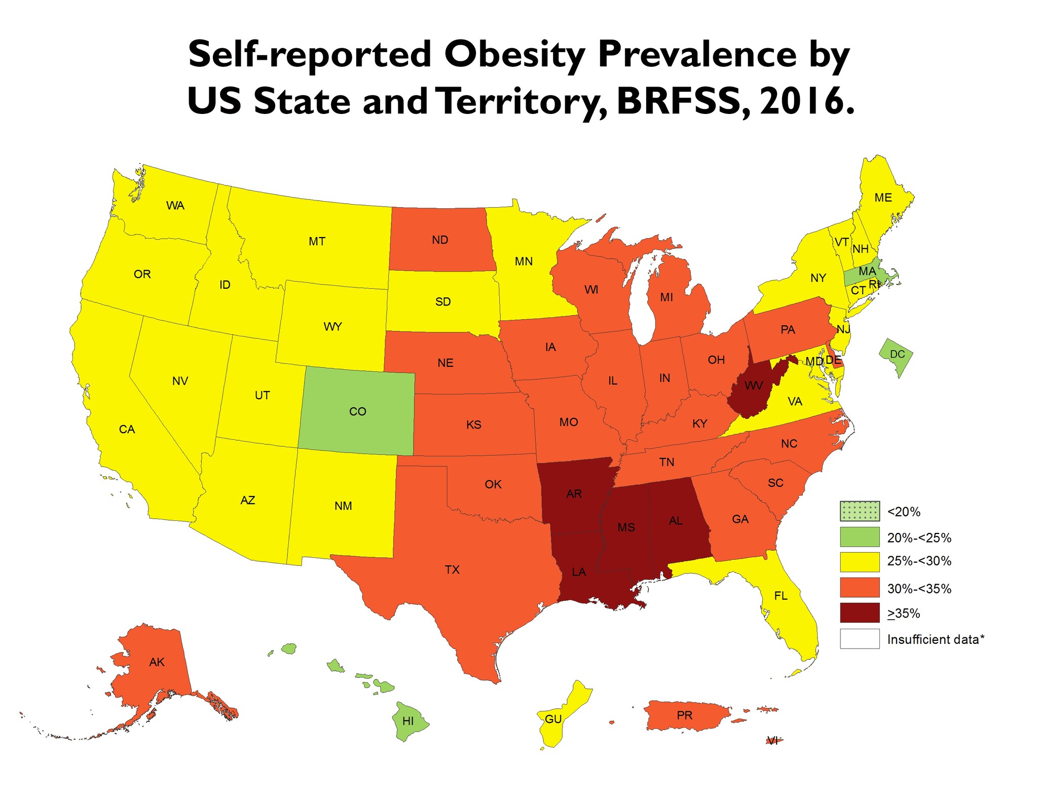 Self-reported obesity prevalence by us state and territory, brfss, 2016